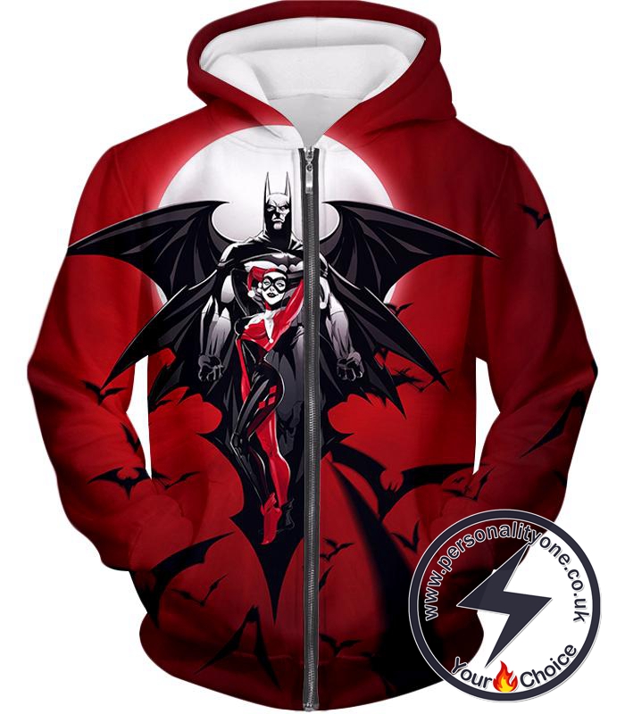 Super Cool Batman x Harlequin Animated Awesome Red Zip Up Hoodie